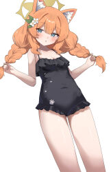 Rule 34 | 1girl, absurdres, alternate costume, animal ear fluff, animal ears, black one-piece swimsuit, blue archive, blue eyes, blush, braid, breasts, cat ears, cat girl, d (delt4), extra ears, flower, frilled one-piece swimsuit, frills, from below, hair between eyes, hair flower, hair ornament, highres, holding, holding own hair, looking at viewer, mari (blue archive), one-piece swimsuit, open mouth, orange hair, small breasts, solo, swimsuit, twin braids, white flower