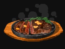 Rule 34 | asparagus, butter, food, food focus, highres, hisachan55cute, lettuce, meat day, no humans, original, pixel art, simple background, steak, steaming food, still life, tray, wooden plate