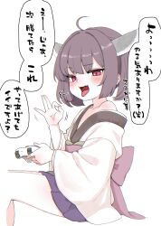 1girl ahoge blush brown_hair commentary_request controller fang fellatio_gesture flat_chest game_controller headgear highres holding holding_controller holding_game_controller japanese_clothes kimono koremata_shikari looking_at_viewer mesugaki miniskirt off_shoulder open_mouth pleated_skirt purple_skirt red_eyes short_hair sitting skin_fang skirt smile solo speech_bubble tongue tongue_out touhoku_kiritan translation_request voiceroid