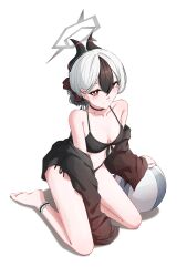 1girl absurdres alternate_costume alternate_hairstyle ball barefoot beachball bikini black_bikini black_choker black_hair black_horns blue_archive breasts bright_pupils choker collarbone demon_horns grey_halo hair_between_eyes hair_up halo hashtag-only_commentary highres hit_by_hit horns kayoko_(blue_archive) kneeling looking_at_viewer mole mole_on_collarbone multicolored_hair off_shoulder red_eyes simple_background solo swimsuit thighs two-tone_hair white_background white_hair white_pupils