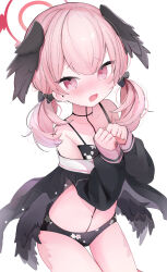 1girl absurdres bikini black_bikini black_shirt black_wings blue_archive blush breasts commentary feathered_wings floral_print halo head_wings highres koharu_(blue_archive) koharu_(swimsuit)_(blue_archive) long_hair low_wings navel nocchi_(r_ws2l) off_shoulder open_mouth own_hands_together pink_eyes pink_hair pink_halo print_bikini shirt small_breasts solo swimsuit thigh_gap thighs twintails wings