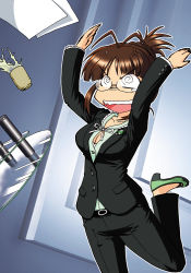 Rule 34 | 10s, 1girl, @ @, akizuki ritsuko, anger vein, angry, antenna hair, breasts, brown eyes, brown hair, business suit, cleavage, cover image, cup, female focus, folded ponytail, formal clothes, glasses, high heels, idolmaster, idolmaster (classic), idolmaster 2, mashin eiichirou, medium breasts, mikagushinutsu, motion lines, open mouth, pant suit, pants, paper, shoes, solo, suit, table, table flip, teacup, tears