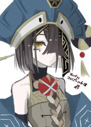 Rule 34 | 1girl, absurdres, bare shoulders, black hair, blue hat, breasts, brown robe, chaperon hat, character name, chinese clothes, closed mouth, dated, detached sleeves, fate/grand order, fate (series), hair between eyes, hair ornament, hair over one eye, hat, highres, looking at viewer, mole, mole under eye, robe, short hair, simple background, small breasts, solo, standing, straight hair, tassel, tsukaasa, upper body, white background, wide sleeves, xu fu (fate), xu fu (first ascension) (fate)