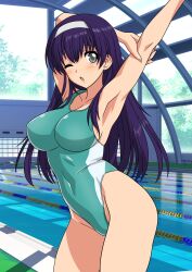 Rule 34 | 1girl, absurdres, arm up, blush, breasts, commission, commissioner upload, competition swimsuit, cropped legs, fluora (carlos1976), grey eyes, hairband, highres, indoors, large breasts, long hair, one-piece swimsuit, one eye closed, open mouth, original, pool, purple hair, skeb commission, solo, stretching, swimsuit, thighs, tree, white hairband, window, yuuyuu (3jjbn)
