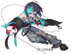 1girl :d alternate_costume belt black_belt black_hair black_jacket black_shoes black_tank_top blue_hair blue_jacket blue_pants colored_inner_hair commentary_request copyright_notice denim fingerless_gloves flame_print full_body gloves highleg highres holding holding_microphone hololive hololive_dev_is jacket jeans jewelry medium_hair microphone multicolored_hair necklace official_alternate_costume official_art open_mouth pants panty_straps purple_hair red_eyes red_gloves rindo_chihaya sauce_darusungi shoes simple_background smile solo streaked_hair swimsuit tank_top torn_clothes torn_jeans torn_pants two-sided_fabric two-sided_jacket virtual_youtuber wallet_chain white_background white_hair