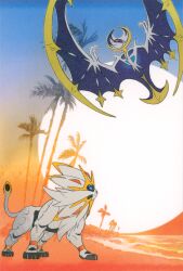 2others absurdres arita_mitsuhiro claws colored_sclera fangs flying full_body gen_7_pokemon highres legendary_pokemon looking_afar lunala multiple_others nintendo no_humans official_art outdoors pokemon pokemon_(creature) pokemon_focus pokemon_sm pokemon_tcg postcard solgaleo standing tail wings