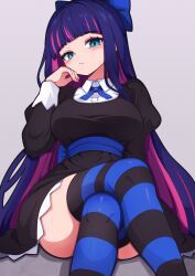 Rule 34 | 1girl, absurdres, aqua eyes, black dress, black thighhighs, blue bow, blue thighhighs, blunt bangs, bow, breasts, closed mouth, commentary, convenient leg, crossed legs, dress, feet out of frame, ghelber0, grey background, hair bow, hand on own cheek, hand on own face, highres, horizontal-striped thighhighs, juliet sleeves, large breasts, long hair, long sleeves, looking at viewer, panty &amp; stocking with garterbelt, pink hair, puffy sleeves, purple hair, short dress, sitting, solo, stocking (psg), thighhighs