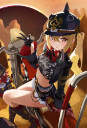 1girl absurdres bare_legs belt black_gloves blonde_hair blush boots choker crop_top cropped_jacket gloves hair_between_eyes high_heel_boots high_heels highres jacket knbd letterboxed long_hair looking_at_viewer luciana_de_montefio midriff multicolored_eyes navel open_clothes open_jacket pale_skin shorts sitting solo tongue tongue_out twintails two-tone_eyes v very_long_hair wide_sleeves yellow_eyes zenless_zone_zero