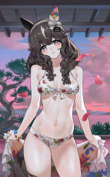 1girl animal_ears bikini braid breasts brown_hair commentary curren_bouquetd&#039;or_(umamusume) ear_covers highres horse_ears horse_girl looking_at_viewer medium_breasts navel print_bikini purple_eyes sarcophage single_ear_cover solo standing swimsuit thighs twin_braids umamusume white_bikini