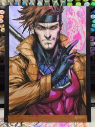 Rule 34 | 1boy, abs, art tools in frame, black sclera, bo staff, brown hair, card, card with aura, closed mouth, coat, colored sclera, commentary, english commentary, facial hair, gambit, gloves, highres, holding, holding staff, male focus, marvel, muscular, muscular male, open clothes, open coat, partially fingerless gloves, pectorals, playing card, red eyes, signature, smirk, solo, staff, stanley lau, superhero costume, trench coat, x-men