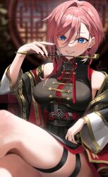 1girl black_dress black_nails blue_eyes blurry blurry_background blush breasts china_dress chinese_clothes commentary_request crossed_legs dress earrings elbow_rest fingernails gold_trim grin hair_between_eyes hand_up highres holding holding_smoking_pipe hololive indoors jewelry kiseru kito_koruta large_breasts lattice long_fingernails long_hair long_sleeves looking_at_viewer nail_polish off_shoulder official_alternate_costume pink_hair red_nails sitting skindentation sleeveless sleeveless_dress smile smoking_pipe solo takane_lui takane_lui_(5th_costume) tassel tassel_earrings thigh_strap virtual_youtuber wide_sleeves