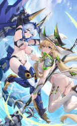 2girls 463_jun absurdres armpits arms_up ass black_horns blonde_hair blue_eyes blue_hair blue_sky breasts cleavage commentary_request crossed_bangs dragon_horns dragon_tail ether_(starward) hair_between_eyes hat headpiece high_heels highres holding holding_staff holding_weapon horns large_breasts leotard light_trail long_hair looking_at_viewer low_twintails mecha_musume mechanical_horns mechanical_tail multiple_girls open_mouth purple_eyes rhine_(starward) sky staff starward tail thighhighs twintails very_long_hair water weapon white_hat white_leotard white_thighhighs witch_hat