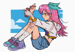 1girl artist_name aubrey_(omori) bandaged_hand bandages blue_eyes blue_hairband blue_skirt blush breasts can closed_mouth crop_top denim denim_skirt drinking_straw ear_piercing from_side hairband highres holding holding_can holding_drinking_straw jacket long_hair long_sleeves navel omori piercing pink_hair purple_shoes shoes skirt small_breasts sneakers socks solo torn_clothes torn_socks ullilya1 white_jacket white_socks
