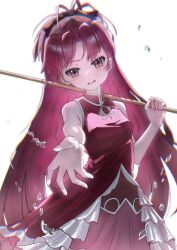 Rule 34 | 1girl, bare shoulders, dress, ekakinosakura, frilled dress, frills, gem, high-low dress, highres, holding, holding polearm, holding weapon, long hair, looking at viewer, magical girl, mahou shoujo madoka magica, mahou shoujo madoka magica (anime), pink skirt, polearm, ponytail, reaching, reaching towards viewer, red dress, red eyes, red gemstone, red hair, sakura kyoko, sakura kyoko (magical girl), simple background, skirt, sleeveless, sleeveless dress, solo, soul gem, weapon, white background
