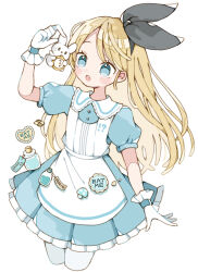 1girl alice&#039;s_adventures_in_wonderland alice_(alice_in_wonderland) apron blonde_hair blue_dress blue_eyes commentary cookie cowboy_shot dress food frilled_dress frills gloves highres holding long_hair nagihoko open_mouth pantyhose potion puffy_short_sleeves puffy_sleeves short_sleeves simple_background solo white_apron white_background white_gloves white_rabbit_(alice_in_wonderland)