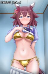 1girl :3 absurdres animal_ears bikini bikini_under_clothes blue_eyes blush breasts cameltoe clothes_lift clothes_pull collarbone commentary curvy ear_flower flower furrowed_brow gluteal_fold gold_bikini groin hair_between_eyes hair_flower hair_ornament highres horse_ears horse_girl horse_tail lifting_own_clothes looking_at_viewer medium_breasts medium_hair mixed-language_commentary naughty_face navel nekroz7 pleated_skirt sakura_chiyono_o_(umamusume) school_uniform shirt_lift side-tie_bikini_bottom skindentation skirt skirt_pull stomach swimsuit tail tracen_school_uniform umamusume undressing