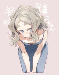 1girl :o blue_dress blue_eyes breasts chibikko_(morihito) collarbone cropped_legs downblouse dress grey_hair highres leaning_forward looking_at_viewer misskey.io_username morihito no_bra original parted_bangs pinstripe_dress pinstripe_pattern simple_background small_breasts solo text_background thick_eyebrows webp-to-png_conversion