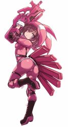 1girl animal_ears animal_hat arms_up ass black_boots boots breasts brown_hair bullpup newsboy_cap fake_animal_ears from_side full_body fur-trimmed_gloves fur_trim gloves grey_eyes gun hair_between_eyes hat highres holding holding_gun holding_weapon jacket karukan_(monjya) lace-up_boots llenn_(sao) long_sleeves p90 pants parted_lips pink_gloves pink_hat pink_jacket pink_pants rabbit_ears shoe_soles simple_background small_breasts solo standing standing_on_one_leg submachine_gun sword_art_online sword_art_online_alternative:_gun_gale_online weapon white_background