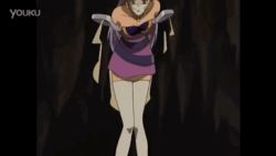1girl animated animated_gif anime_screenshot bare_shoulders bdsm bondage bound breasts celine_jules cleavage dress gag gagged lowres miniskirt purple_dress purple_hair skirt star_ocean star_ocean_ex star_ocean_the_second_story thighhighs white_thighhighs