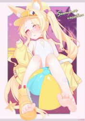 1girl absurdres animal_ear_fluff animal_ears ball bandaid bandaid_on_leg bare_legs bare_shoulders barefoot beachball blue_archive covered_navel cross_halo diamond_cutout dot_nose eugenecolin extra_ears eyes_visible_through_hair feet fox_ears fox_girl glasses hair_over_shoulder halo hand_up highleg highleg_one-piece_swimsuit highres knees_up loli long_hair long_sleeves looking_at_viewer off_shoulder one-piece_swimsuit open_mouth sandals seia_(blue_archive) seia_(swimsuit)_(blue_archive) shoes side_ponytail simple_background sleeves_past_wrists soles solo sunglasses sweat swimsuit tail tail_ornament thighs tinted_eyewear toenails toes very_long_hair visor_cap yellow_halo yellow_sandals yellow_visor