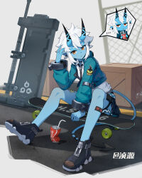 1girl absurdres bare_legs black_necktie black_shoes black_skirt blue_skin can closed_mouth coca-cola collared_shirt colored_skin cropped_jacket demon_horns demon_tail drink_can drinking_straw ear_piercing full_body green_jacket gu_tao highres horns jacket looking_at_viewer necktie oni open_clothes open_jacket piercing pleated_skirt pointy_ears pouch red_eyes shirt shoes short_eyebrows short_hair sitting skateboard skirt soda_can solo soukaku_(zenless_zone_zero) tail thick_eyebrows thigh_pouch white_hair white_shirt zenless_zone_zero