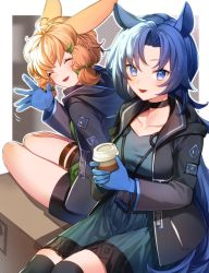2girls :d ahoge animal_ears arknights black_choker black_jacket black_legwear blonde_hair blue_dress blue_eyes blue_gloves blue_hair blush border bow box breasts cardboard_box choker collarbone cup disposable_cup dress fang_(arknights) geta_(epicure_no12) gloves green_bow hair_bow hair_ornament hairclip highres holding holding_cup horse_ears id_card jacket kroos_(arknights) long_hair long_sleeves looking_at_viewer medium_breasts motion_lines multiple_girls on_box open_clothes open_jacket open_mouth outside_border rabbit_ears short_hair sitting smile thigh_strap thighhighs very_long_hair waving white_border yokozuwari zettai_ryouiki