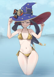 1girl bikini black_hair blue_background breasts crescent crescent_pin genshin_impact gold_bikini green_eyes hair_ornament highres long_hair mona_(genshin_impact) navel ocean original pointy_hat ramus5s smile solo stomach swimsuit teeth thighs twintails