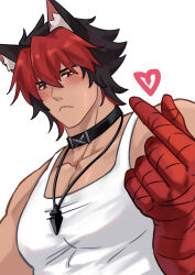 Rule 34 | 1boy, absurdres, animal ears, bara, blush, closed mouth, collar, commentary, dog boy, dog ears, embarrassed, finger heart, heart, highres, jewelry, kirene88, komano manato, looking at viewer, male focus, multicolored hair, muscular, muscular male, necklace, pectorals, red eyes, shirt, sleeveless, sleeveless shirt, sweatdrop, symbol-only commentary, tank top, upper body, white background, white shirt, white tank top, zenless zone zero