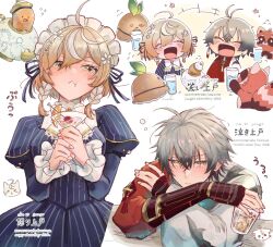 Rule 34 | +++, 0coze, 1boy, 1girl, :&lt;, ^ ^, ahoge, alcohol, animalization, armor, beer, black dress, black hair, blonde hair, blush, braid, cat, chibi, chibi inset, closed eyes, closed mouth, cocktail, cocktail glass, collar, commentary, crossed arms, crying, crying with eyes open, cup, dress, drinking glass, drunk, earrings, english text, feather earrings, feathers, flower, flying sweatdrops, fox, frilled collar, frilled cuffs, frills, frown, glass, gradient hair, grey hair, hair between eyes, hair flower, hair ornament, half-closed eyes, happy aura, highres, holding, holding cup, hoop skirt, japanese armor, japanese clothes, jewelry, juliet sleeves, kimono, klara charmwood, kote, kurokote, laughing, long sleeves, maid, maid headdress, martini, medium hair, messy hair, mismatched earrings, multicolored hair, nijisanji, nijisanji en, open mouth, orange eyes, pleated dress, pout, puffy sleeves, red kimono, ryoma barrenwort, short hair, side braids, sidelocks, smile, striped clothes, striped dress, symbol-only commentary, teapot, tears, twin braids, two-tone hair, vertical-striped clothes, vertical-striped dress, water, white background, white collar, white flower, white headdress, white sleeve cuffs, white streaks, yellow eyes, yukata