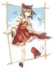 Rule 34 | 1girl, ascot, blue sky, bow, brown eyes, brown hair, brown shoes, collar, commentary, detached sleeves, frilled collar, frilled hair tubes, frills, full body, hair bow, hair tubes, hakurei reimu, heart, heasil, highres, knees, light smile, mailbox (incoming mail), medium hair, red bow, red shirt, red skirt, sarashi, shirt, shoes, simple bird, skirt, skirt hold, sky, socks, solo, spoken heart, symbol-only commentary, touhou, white background, white collar, white sleeves, white socks, yellow ascot