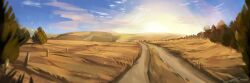 Rule 34 | blue sky, field, forest, grass, landscape, morning, mountainous horizon, nature, no humans, original, outdoors, painterly, path, road, scenery, sky, sunlight, sunrise, tree, zandra
