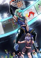 absurdres alternate_costume anaxa_(honkai:_star_rail) arm_up ball bangboo_(zenless_zone_zero) basketball basketball_(object) basketball_hoop basketball_uniform black_pants black_shirt black_shorts blue_shirt blue_shorts cell_(dragon_ball) crop_top dragon_ball dragonball_z eous_(zenless_zone_zero) green_hair highres honkai:_star_rail honkai_(series) infinity_symbol leggings leggings_under_shorts midriff mihoyo muscular pants playing_sports purple_hair redactedseed shirt shoes shorts silver_wolf_(honkai:_star_rail) sleeveless sleeveless_shirt smile sneakers spider_web_print sportswear standing thigh_strap tongue tongue_out tribbie_(honkai:_star_rail) zenless_zone_zero