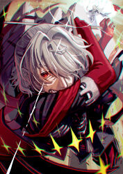 2boys absurdres antonio_salieri_(fate) antonio_salieri_(second_ascension)_(fate) black_suit blonde_hair conductor conductor_baton curly_hair fate/grand_order fate_(series) formal_clothes gloves grey_hair hair_over_one_eye highres jacket long_hair long_sleeves looking_at_viewer male_focus multiple_boys nashimoto_tsumire pants pinstripe_jacket pinstripe_pants pinstripe_pattern pinstripe_suit red_eyes shirt short_hair smile striped_suit suit white_gloves white_hair wolfgang_amadeus_mozart_(fate)
