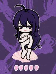 1boy :3 ahoge androgynous aphrodite_(mythology) barefoot black_hair blush chibi hair_censor heart-shaped_petals long_hair lowres male_focus mythology namazuo_toushirou navel nude petals purple_background purple_eyes seashell shell smile solo the_birth_of_venus third-party_edit touken_ranbu trap very_long_hair