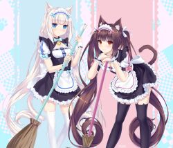 Rule 34 | 2girls, :3, absurdres, animal ear fluff, animal ear legwear, animal ears, apron, aqua bow, bell, black shirt, black thighhighs, blue background, blue eyes, blunt bangs, blunt ends, blush, bow, breasts, broom, brown eyes, brown hair, buttons, cat ear legwear, cat ear thighhighs, cat ears, cat girl, cat tail, cat thighhighs, character name, chocola (nekopara), cleavage, closed mouth, commentary, commission, eyelashes, eyes visible through hair, feet out of frame, finn flint, frilled apron, frilled skirt, frilled sleeves, frills, hair bow, hair ribbon, happy, heart, heart button, highres, holding, holding broom, jingle bell, leaning forward, long hair, looking at viewer, low twintails, maid, maid apron, maid headdress, medium breasts, multiple girls, name tag, neck bell, nekopara, own hands together, pink background, pink bow, puffy short sleeves, puffy sleeves, ribbon, ribbon-trimmed cuffs, shirt, short sleeves, siblings, sidelocks, simple background, sisters, sitting, skirt, sleeve bow, slit pupils, small breasts, smile, standing, straight hair, tail, tail raised, thighhighs, twins, twintails, twitter username, two-tone background, vanilla (nekopara), very long hair, white apron, white hair, white ribbon, white shirt, white thighhighs, white wrist cuffs, wrist cuffs, zettai ryouiki