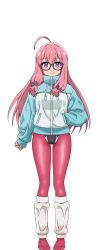 Rule 34 | 1girl, ahoge, anime coloring, blush, breasts, closed mouth, full body, hair between eyes, hand in pocket, huge ahoge, ideura shizuri (neet kunoichi), jacket, large breasts, leotard, long hair, long sleeves, looking at viewer, low-tied sidelocks, neet de otaku na kunoichi to naze ka dousei hajimemashita, official art, pantyhose, pink hair, pink pantyhose, purple eyes, sidelocks, simple background, smile, solo, standing, suzuki masahiko (animator), track jacket, transparent background, very long hair