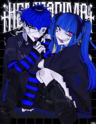 1boy 1girl alternate_costume amemiya_darumi black_hair blue_eyes blue_hair bridge_piercing clothing_request earrings english_text eyepatch face_piercing highres jewelry lip_piercing long_sleeves looking_at_viewer makeup matching_hair/eyes omokage_yugamu one_eye_covered piercing pink_eyes runny_makeup simple_background smile tagme the_hundred_line_-last_defense_academy- tongue tongue_out