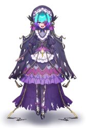 1girl bags_under_eyes black_cape black_dress black_leggings black_shoes blue_hair breasts bridal_gauntlets cape commentary_request dress fate/grand_order fate_(series) highres kibinago_(kibinago614) leggings locusta_(fate) looking_at_viewer multicolored_hair open_mouth plant purple_eyes purple_hair purple_nails purple_skirt sharp_teeth shoes short_hair simple_background skirt small_breasts solo teeth thorns two-tone_hair vines white_background