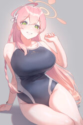 1girl arm_support bare_arms bare_legs bare_shoulders black_one-piece_swimsuit blue_archive blush bow braid breasts clenched_hand clothes_writing collarbone commentary competition_school_swimsuit covered_navel cowboy_shot double-parted_bangs emblem gradient_background gradient_hair green_eyes grey_background groin hair_between_eyes hair_bow halo hanako_(blue_archive) hand_up head_tilt highleg highleg_one-piece_swimsuit highres huge_breasts leaning_to_the_side legs_together long_hair looking_at_viewer multicolored_hair one-piece_swimsuit orange_halo pink_hair pink_halo revision ribbon school_swimsuit shiny_skin signature single_braid sitting smile solo swimsuit thighs trinity_general_school_swimsuit ubo_(ubo_tales) very_long_hair white_bow white_ribbon wrist_ribbon