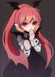 1girl black_dress blood blood_on_face clenched_hand commentary covering_own_mouth demon_girl demon_wings dress english_commentary expressionless funamusea grey_background haiiro_teien head_wings heart light_blush long_hair looking_to_the_side pink_blood pink_eyes pink_hair pointy_ears rawberry_preserves revanche sidelocks simple_background solo white_sleeves wings