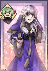 1boy 1girl male_byleth_(fire_emblem) couple dress fire_emblem fire_emblem:_three_houses green_hair hilda_valentine_goneril jewelry kari_avalon long_hair lysithea_von_ordelia marianne_von_edmund marriage_proposal nintendo open_mouth pink_eyes purple_dress ring ring_box shawl sidelocks silver_hair smile wedding_ring