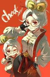1girl \n/ black_gloves black_pants breasts cowboy_shot double_\n/ double_bun eyewear_on_head glasses gloves hair_bun half_gloves hat highres jacket long_sleeves looking_at_viewer medium_breasts nintendo nintendomylife one_eye_closed pants pantyhose parted_bangs purah raised_eyebrows red-framed_eyewear red_background red_eyes shirt short_hair simple_background sleeveless sleeveless_shirt smile standing teeth the_legend_of_zelda the_legend_of_zelda:_tears_of_the_kingdom white_hat white_jacket white_shirt