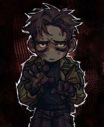 Rule 34 | 1boy, :/, bags under eyes, belt, black gloves, bloodshot eyes, brown hair, claw pose, coat, cowboy shot, gloves, green coat, half-closed eye, highres, ju-san, looking at viewer, male focus, messy hair, original, outline, reaching, reaching towards viewer, scratches, short hair, solo, spiked hair, spread fingers, sweat, sweater, turtleneck, turtleneck sweater, white outline, yellow eyes