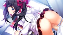 1boy 1girl alternate_hair_color anus arm_support ass bent_over bent_over_furniture black_hair black_pants blue_eyes blue_panties blush bow butt_crack censored clenched_hands clothed_sex clothes_lift coat cowboy_shot desk dutch_angle erection eyebrows_hidden_by_hair floating_hair from_above game_cg grabbing_another&#039;s_ass grisaia_(series) grisaia_no_meikyuu groping hair_between_eyes hair_bow hair_flaps hair_over_shoulder half-closed_eyes hetero hood hooded_coat kazami_yuuji long_eyelashes long_hair long_sidelocks long_sleeves looking_at_another looking_back matsushima_michiru messy_hair mosaic_censoring multiple_hair_bows non-web_source official_art open_fly out_of_frame panties pants panty_pull parted_lips penis_out plaid_clothes plaid_skirt pleated_skirt raised_inner_eyebrows red_bow red_skirt sex sex_from_behind shirt sidelocks skirt skirt_lift sparkling_eyes striped_clothes striped_panties teeth thick_eyelashes thighs twintails two-tone_panties underwear vaginal watanabe_akio white_coat white_panties white_shirt