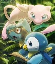 :o blue_eyes commentary_request day gen_1_pokemon gen_4_pokemon highres holding komepan legendary_pokemon map mew_(pokemon) mythical_pokemon nintendo no_humans open_mouth outdoors piplup pokemon pokemon_(creature) pokemon_focus red_eyes riolu sweat tongue translation_request