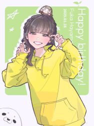 Rule 34 | 1girl, absurdres, animification, braid, brown eyes, brown hair, character doll, character name, claw pose, commentary request, dated, doll, doll on head, drop shadow, green background, grin, happy birthday, hayama fuka, highres, hood, hoodie, jacket, kachimachi kosuzu, kirisaki nuko, link! like! love live!, long sleeves, love live!, nesoberi, open mouth, real life, seal (animal), seeno de! hasu no sora!, side braids, sleeves past wrists, smile, solo, standing, star (symbol), upper body, voice actor, yellow hoodie