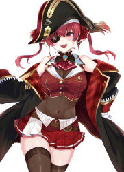 1girl :d absurdres ascot bare_shoulders belt bicorne black_coat black_hat blush breasts brooch brown_belt brown_thighhighs buttons cleavage coat covered_navel cropped_jacket eyepatch frilled_shirt_collar frills gloves gold_trim hair_ribbon hat highres hololive houshou_marine itsukiha jacket jewelry lace lace-trimmed_legwear lace-trimmed_thighhighs lace_trim lapel_pin leather_belt leotard leotard_under_clothes long_hair long_sleeves looking_at_viewer miniskirt off_shoulder open_mouth pirate pirate_hat pleated_skirt red_ascot red_eyes red_hair red_jacket red_ribbon red_skirt ribbon see-through_clothes see-through_cleavage see-through_leotard skin_tight skindentation skirt sleeveless sleeveless_jacket smile solo thighhighs twintails virtual_youtuber white_gloves