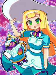 1girl :d absurdres apron aqua_dress blonde_hair blunt_bangs blush checkered_background commentary_request dekasurume dress gen_8_pokemon green_eyes hand_up happy hat highres lillie_(pokemon) lillie_(special_costume)_(pokemon) long_hair looking_at_viewer nintendo official_alternate_costume open_mouth outline pokemon pokemon_masters_ex polteageist short_sleeves smile sun_hat
