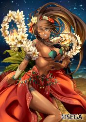 Rule 34 | 10s, 1girl, ;), abs, arm tattoo, bare shoulders, beach, bead bracelet, beads, bikini, blue eyes, blurry, bouncing breasts, bracelet, breasts, brown hair, chain chronicle, cleavage, dancer, dancing, dark-skinned female, dark skin, depth of field, facial tattoo, female focus, flower, hair flower, flower necklace, flower ring, flower wreath, green bikini, grin, hair flower, hair ornament, i-la, jewelry, kiora (chain chronicle), kneecaps, large breasts, leaf, leg tattoo, lei, linea alba, long hair, looking at viewer, multiple necklaces, navel, necklace, night, night sky, official art, one eye closed, original, palm leaf, pelvic curtain, ponytail, pubic tattoo, red sarong, ribs, sarong, shell, shell bikini, shiny skin, shoulder tattoo, sideboob, sky, smile, solo, star (sky), starry sky, stomach, sweat, swimsuit, tattoo, teeth, toned, toned female, toned stomach, torch, underboob, very long hair, wink