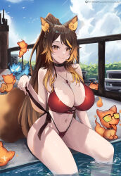 1girl animal_ears bikini black_choker breasts brown_hair choker city fiery_ears high_ponytail highleg highleg_bikini highres indie_virtual_youtuber jewelry large_breasts long_hair looking_at_viewer multicolored_hair navel orange_eyes orange_hair outdoors pendant ponytail pool red_bikini sinder_(vtuber) sitting smile solo streaked_hair swimsuit tail vicarious virtual_youtuber water wolf_ears wolf_girl wolf_tail
